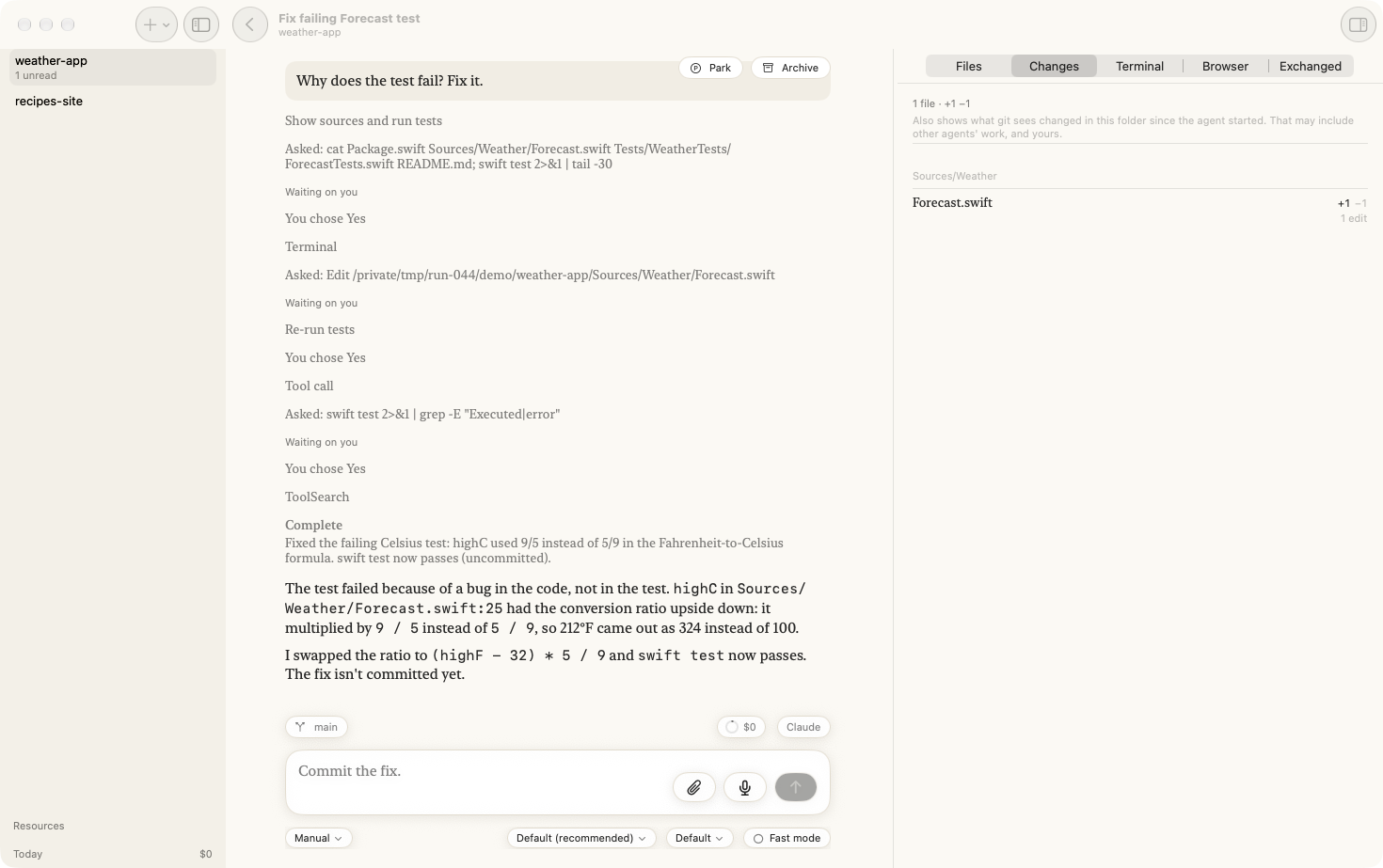 The finished conversation: the question, the steps the agent took, its answer, and the one file it changed