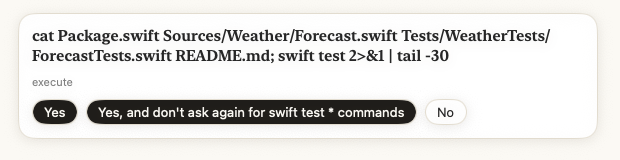 A permission card, asking to run the tests, with Yes, Yes and don't ask again, and No