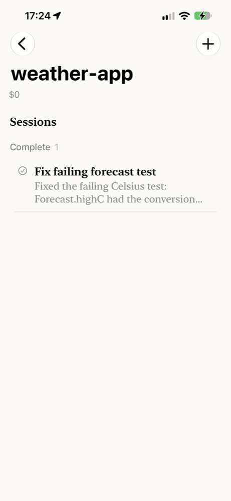The weather-app project on the phone, with the first agent under Complete