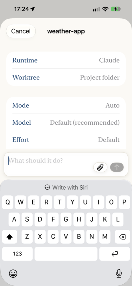 The new agent form: Runtime, Worktree, Mode, Model and Effort, above the prompt
